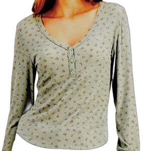 HIPPIE ROSE Juniors' Long-Sleeve Henley Floral T-Shirt Green Medium